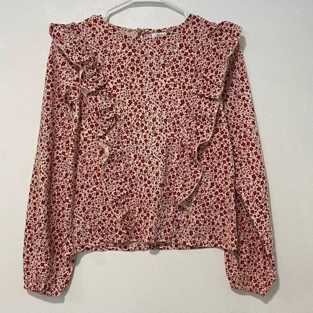 ZARA Girls Red Floral Ruffle Blouse | Size 13–14 (164 cm) | Long Sleeve Top